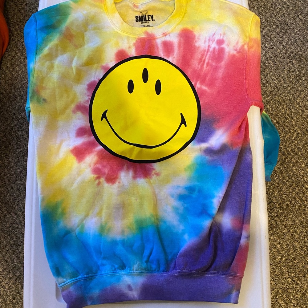 Earthbound Trading Co- Tie Dye 3 eye Smiley Face Crewneck